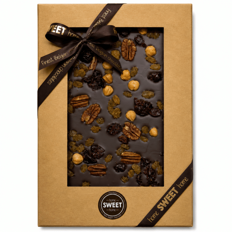 Fondantchocoladetablet met studentenhaver